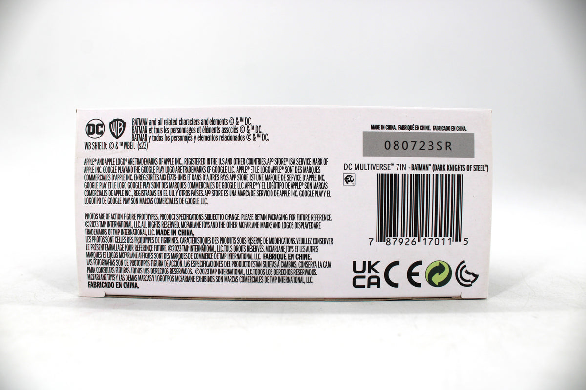 Batman (Dark Knights of Steel) DC Multiverse 7-Inch Action Figure — Package Detail with Barcode and Legal Text