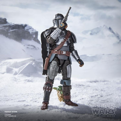 Mandalorian with Grogu Black Series 6-Inch Deluxe — Side View with Blaster Rifle Over Shoulder
