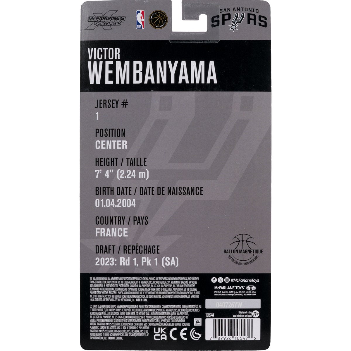 Victor Wembanyama McFarlane SportsPicks 6-Inch Figure — Card Back with Player Stats Detail