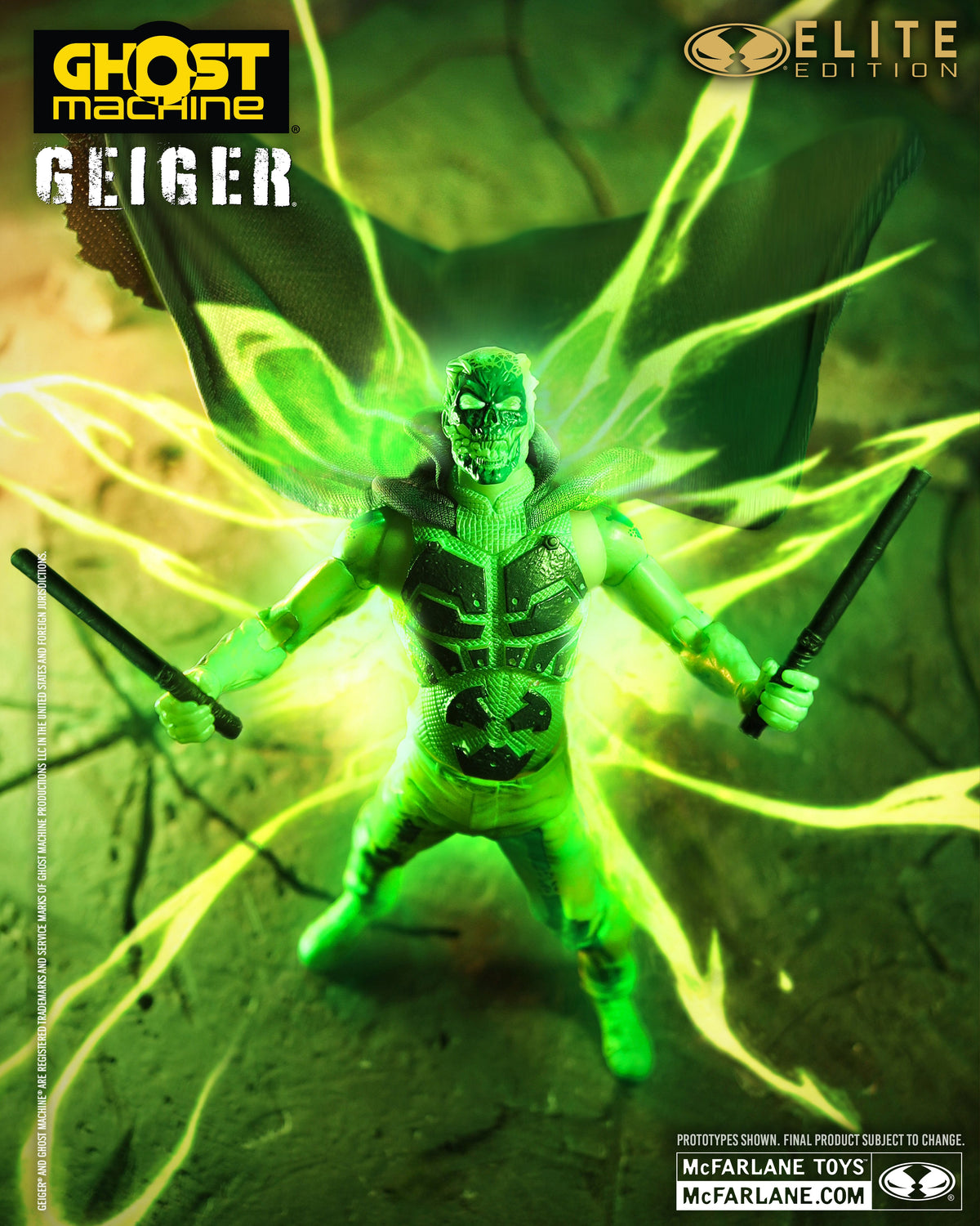 Geiger Ghost Machine McFarlane Elite Edition 7-Inch Action Figure — Articulation Pose with Radioactive Energy Effect and Dual Staff Accessories