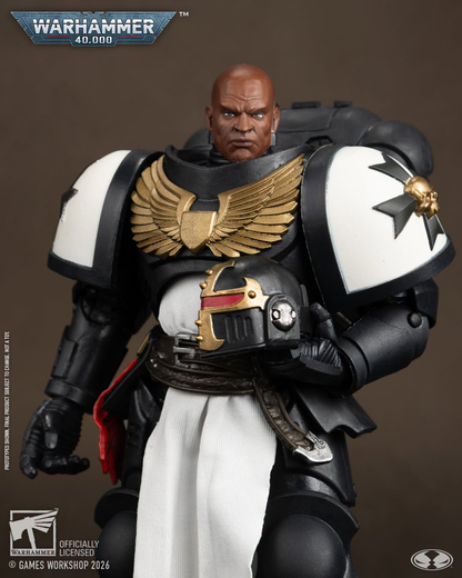 Black Templars Primaris Crusader McFarlane WH40K 7-Inch Figure — Articulation Pose Close-Up Showing Bare Head and Belt Detail