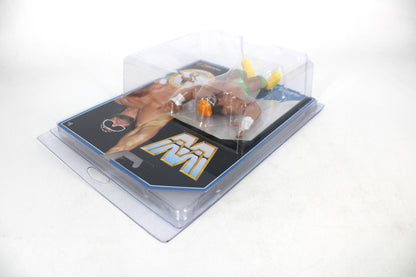 Macho Man Randy Savage WWE Retro Action Figure — Back View with Protective Case and WWE Card Art Visible
