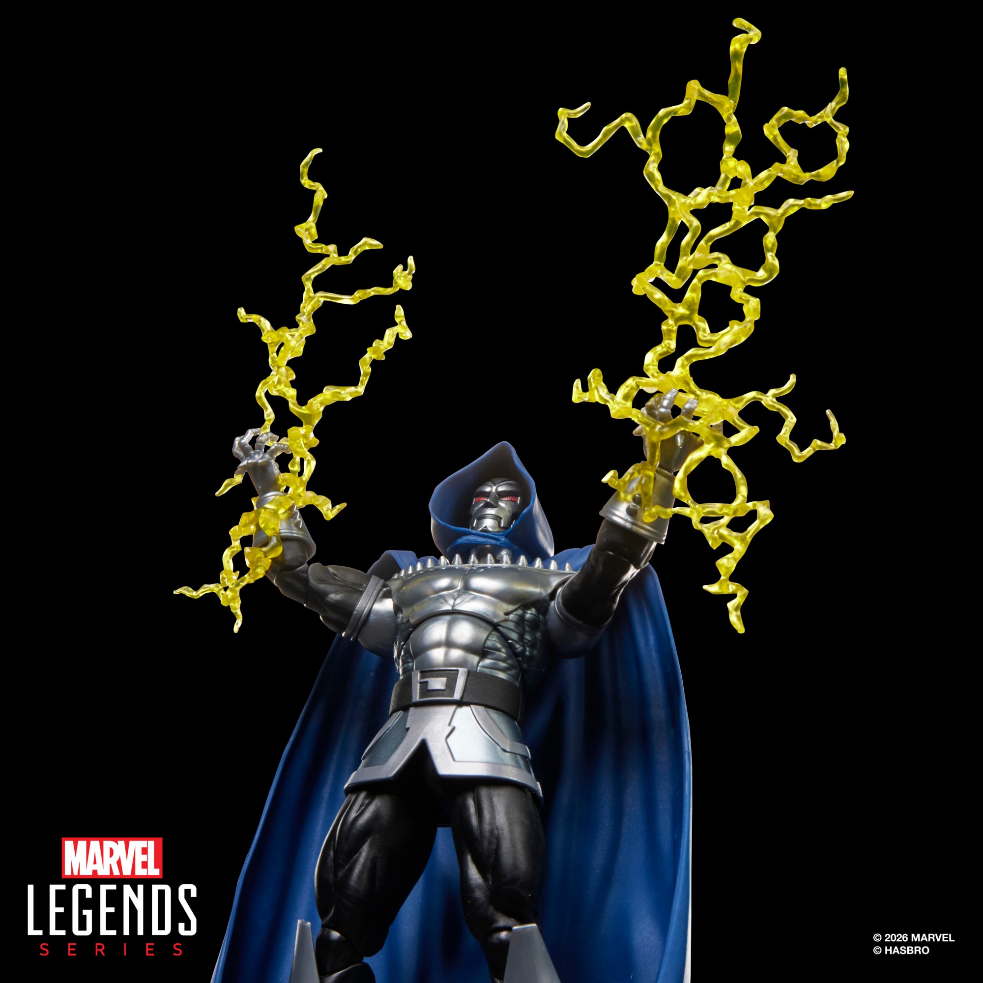 Doctor Doom 2099 Marvel Legends 6-Inch Figure — Low Angle Pose Arms Raised with Lightning Effects