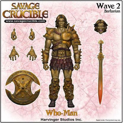 Who-Man Savage Crucible Wave 2 Barbarian — Official Product Render with Full Accessories