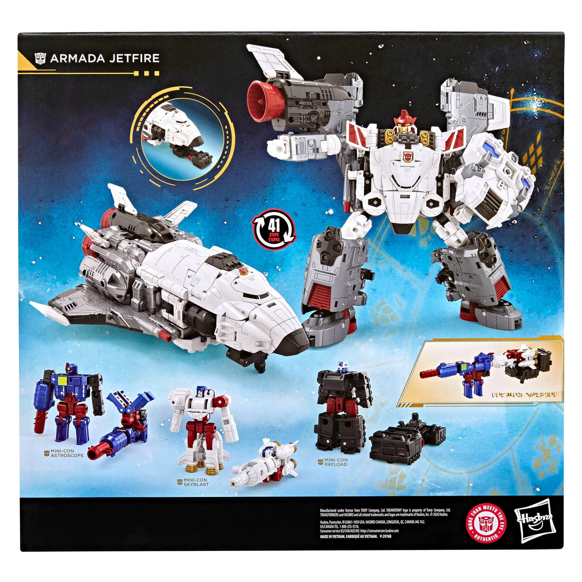Armada Jetfire Age of the Primes Commander Class 8-Inch Figure — Box Back with Transformation and Mini-Con Callouts