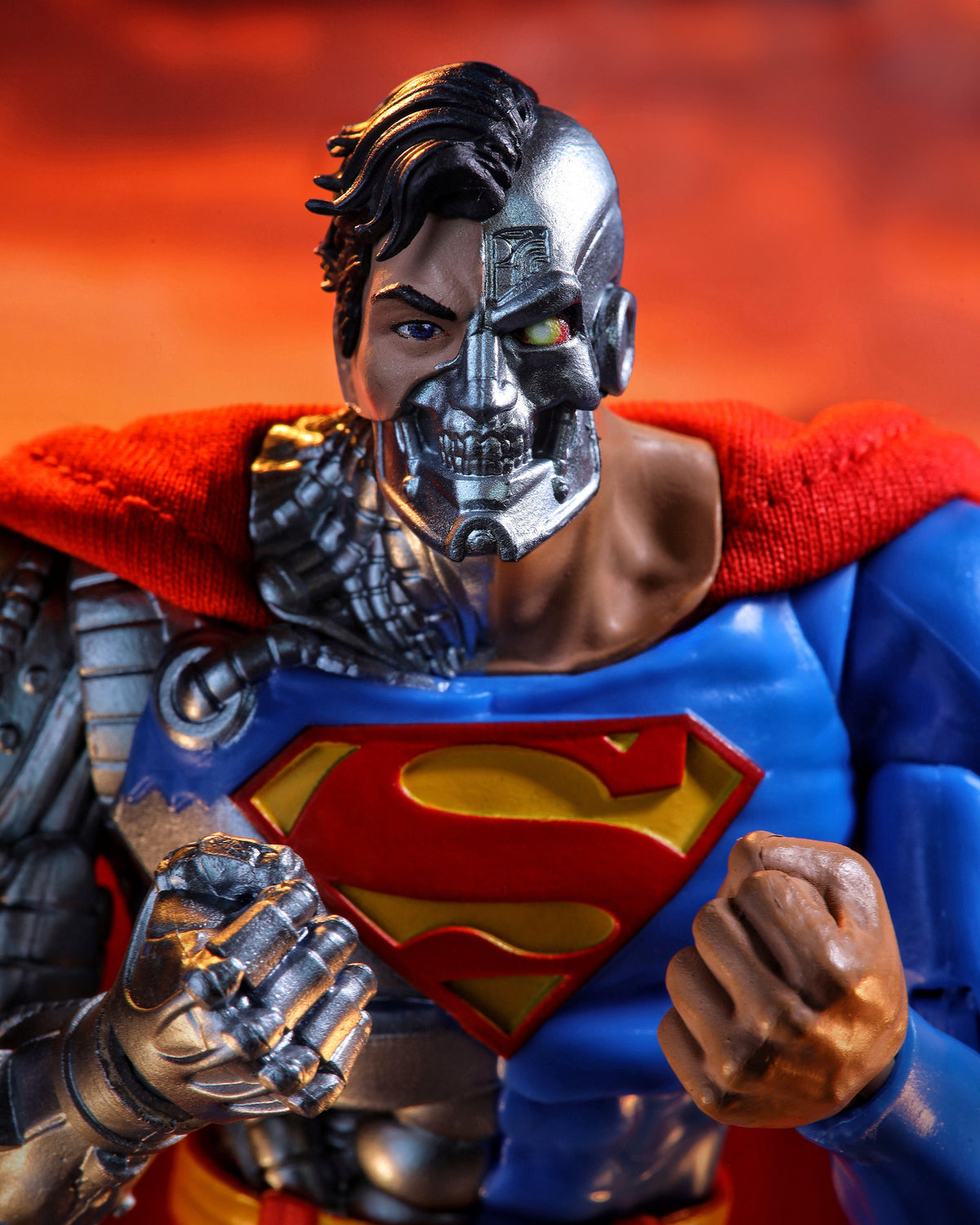 Cyborg Superman DC Multiverse 7-Inch Action Figure — Figure Detail Close-Up of Half-Cyborg Face and Superman Chest Emblem