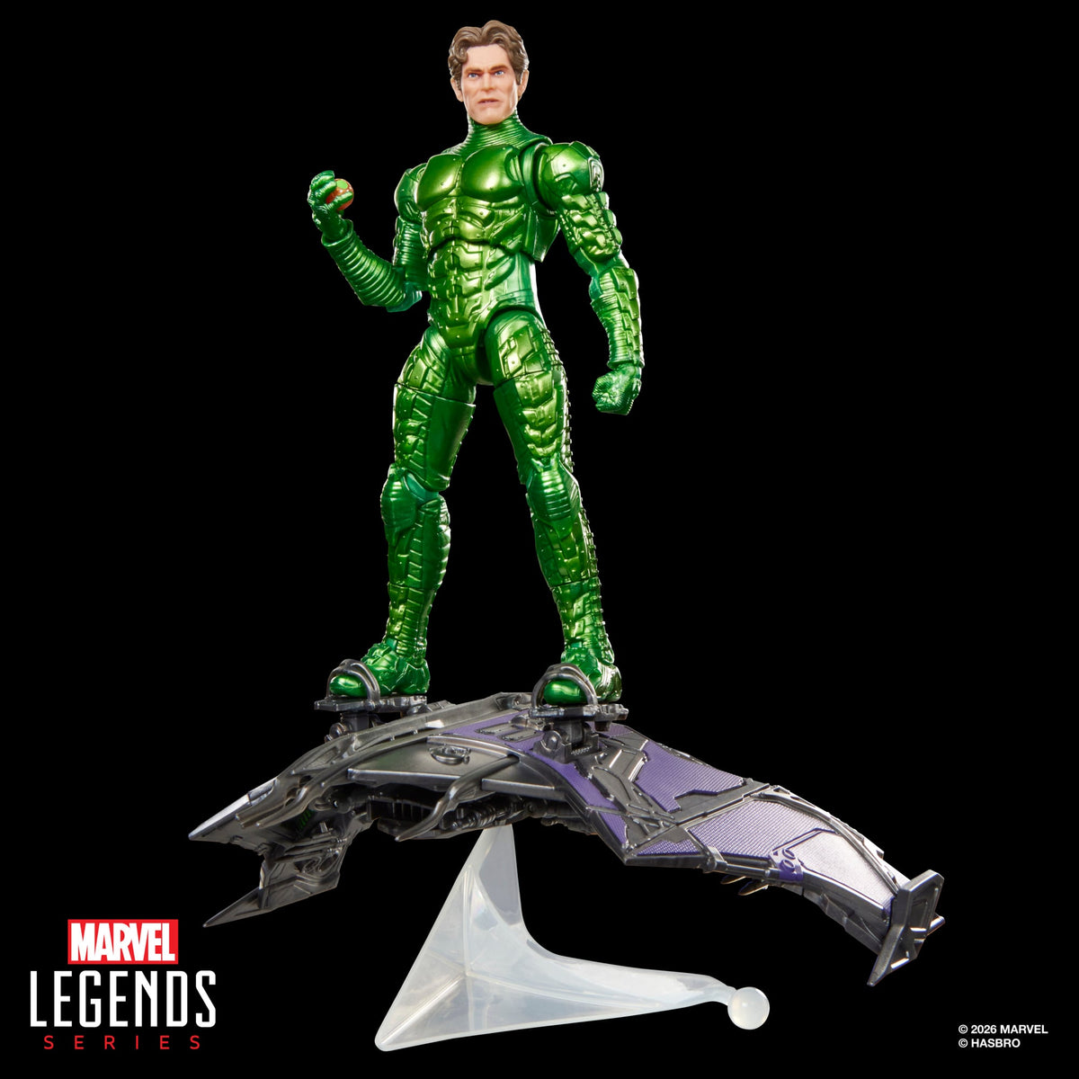 Green Goblin Marvel Legends 6-Inch Figure — Unmasked Norman Osborn Head Standing on Glider Front View
