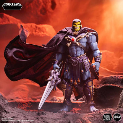 Skeletor MOTU 200X Mondo 1/12 Scale Figure — Side View with Poseable Fabric Cape and Double Blade Sword