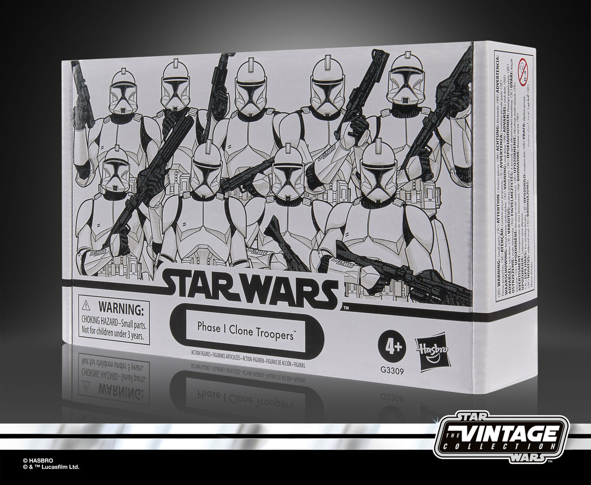 Phase I Clone Troopers Vintage Collection 3.75-Inch 4-Pack — Package Side View with Multilingual Text