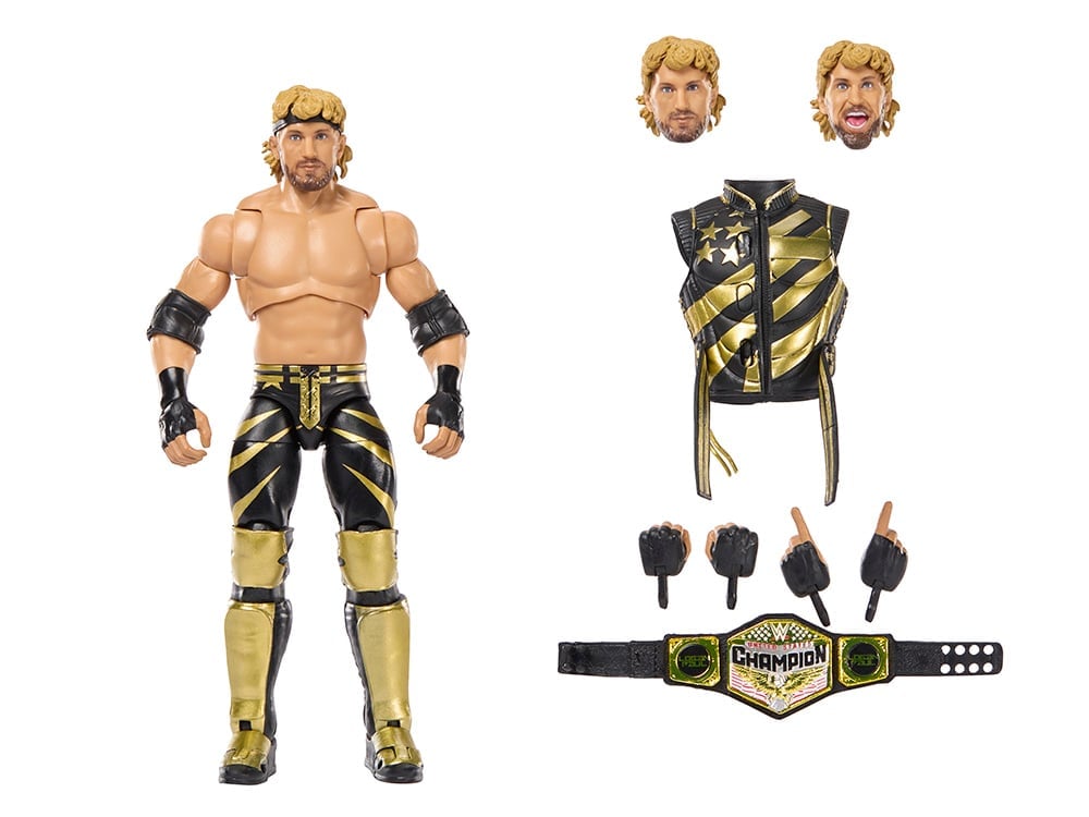 Logan Paul WWE Ultimate Edition 6-Inch Figure — Contents Display Showing Figure, Heads, Hands, Vest and Belt