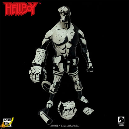Hellboy Black and White 1:12 Scale Figure — Front View with Accessories Laid Out on Black Background