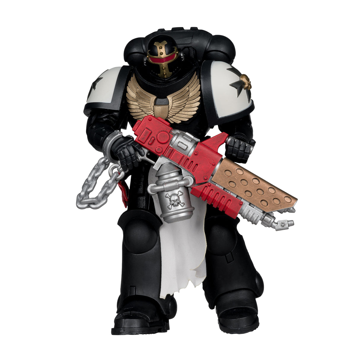 Black Templars Primaris Crusader McFarlane WH40K 7-Inch Figure — Front View on White Background with Helmeted Head