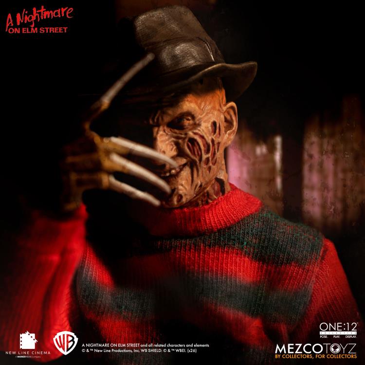 Freddy Krueger One:12 Collective 6-Inch Figure — Claw Glove Face Close-Up Three-Quarter View