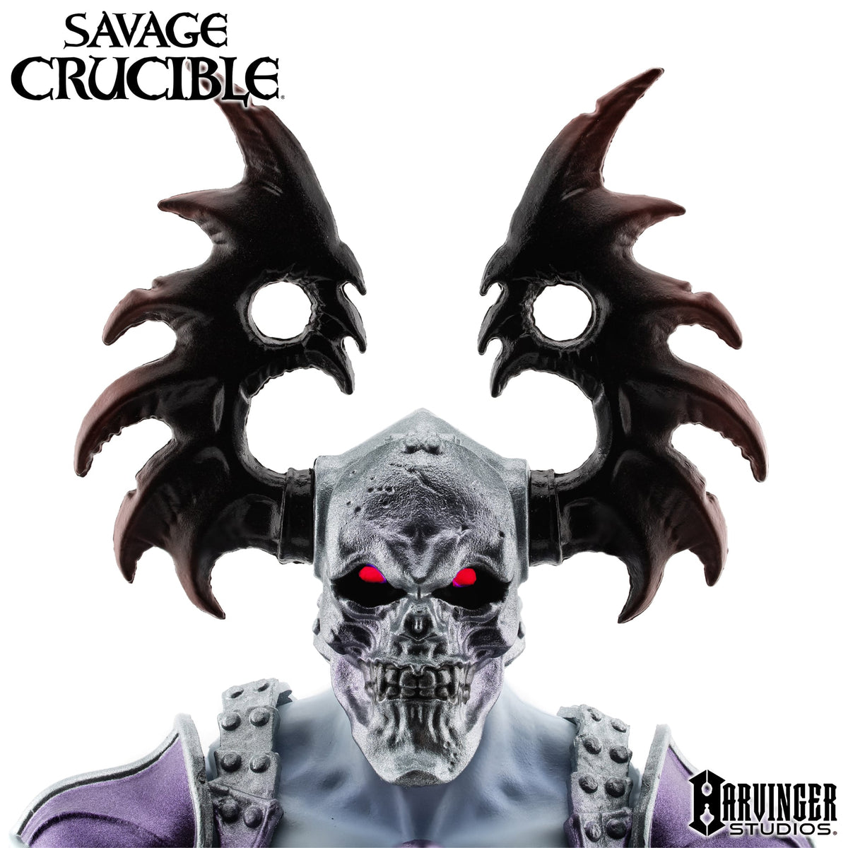 Naraka the Undying Savage Crucible 6-Inch Figure — Skull Helmet and Bat-Wing Horns Accessory Close-Up, Red Glowing Eyes