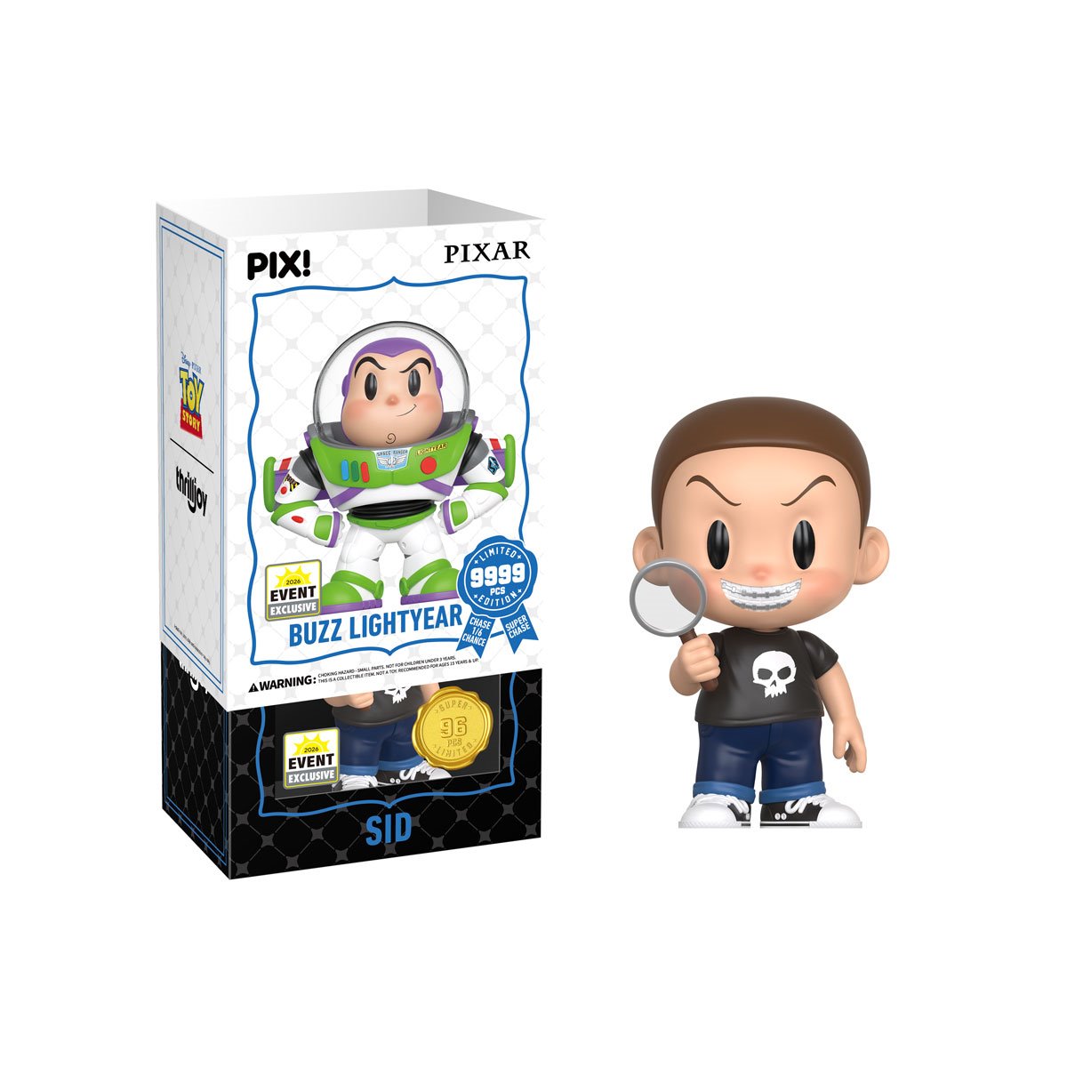 Sid Toy Story Pix! Vinyl Figure 2026 Convention Exclusive Super Chase — Package Detail with Buzz Lightyear Box Side