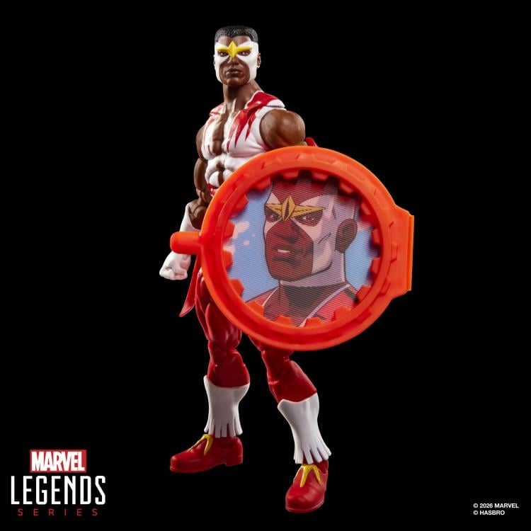 Falcon Secret Wars Marvel Legends 6-Inch Figure — Front View Holding Comic Shield Falcon Portrait