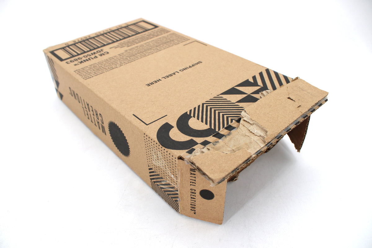 CM Punk WWE Elite Collection Mattel Creations Exclusive 6-Inch Figure — Corrugated Shipper Box Side View Showing Shipping Label Area and Open Flap Damage