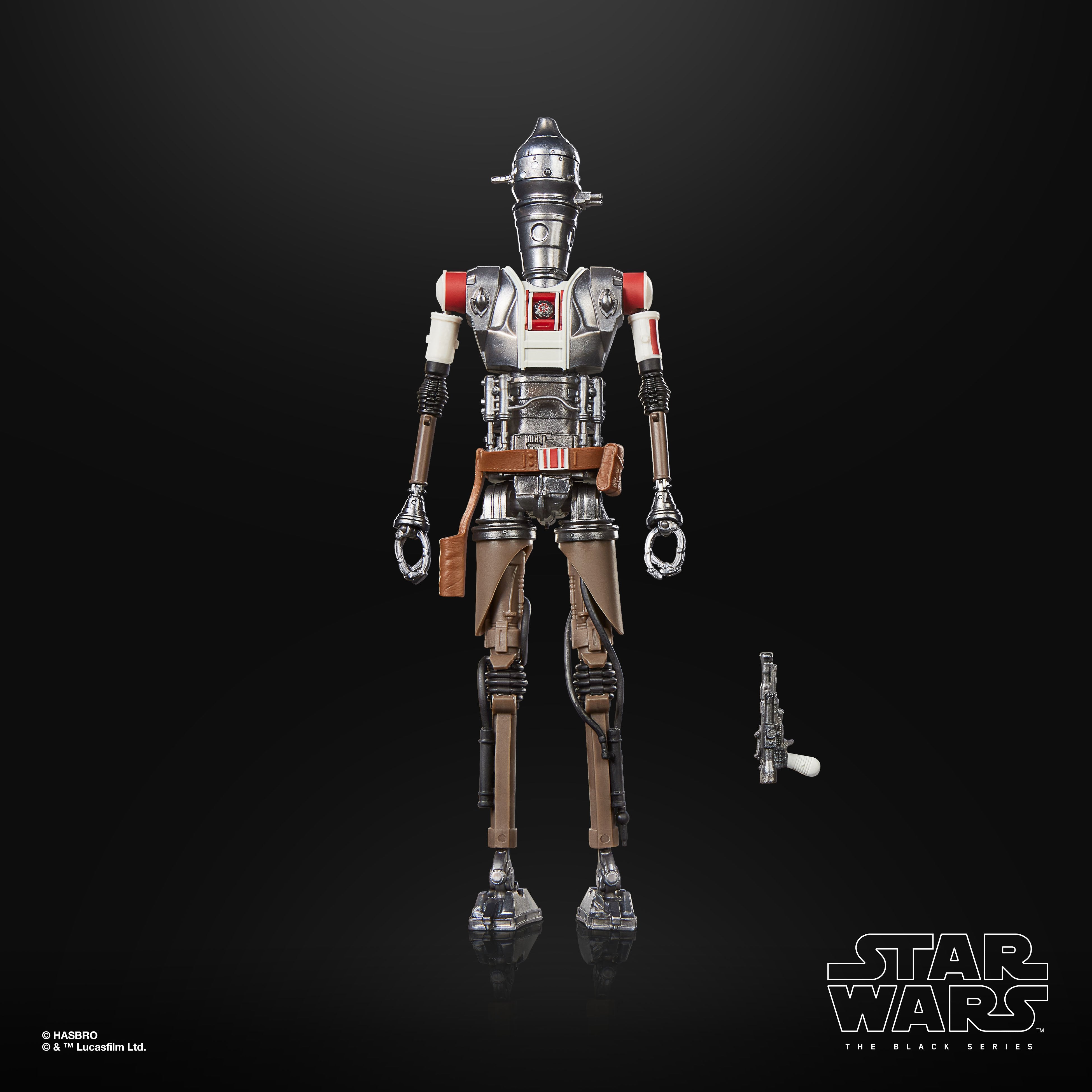 IG-11 Nevarro Marshal Black Series 6-Inch Figure — Front View Accessories Included Beside Figure