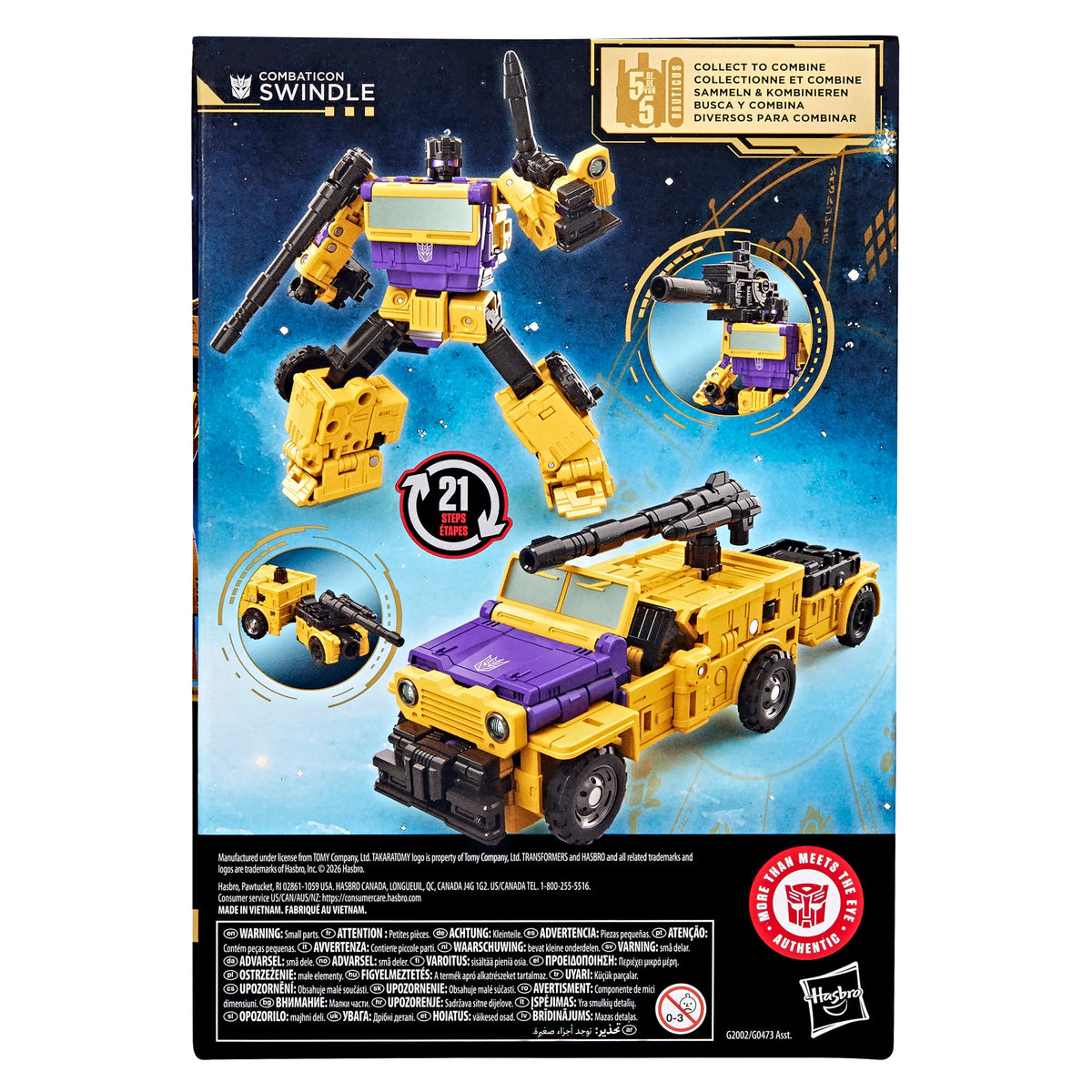 Swindle Age of the Primes Voyager 6.5-Inch Figure — Box Back with 21-Step Conversion and Bruticus Combine Detail