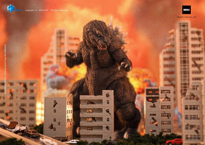 GMK Godzilla Exquisite Basic 7-Inch Figure — Front View Stomping Through City Diorama With Fiery Backdrop