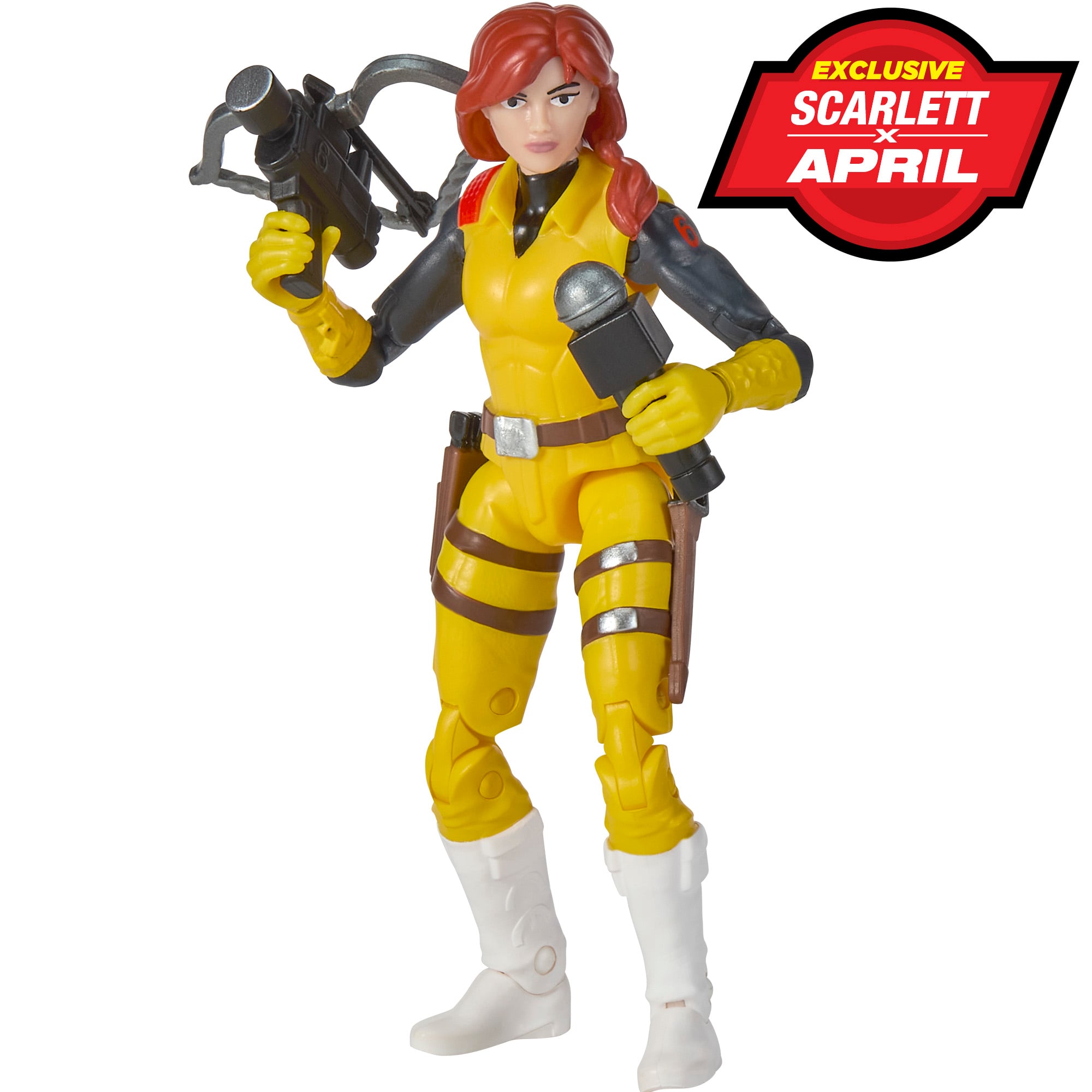 April O'Neil as Scarlett TMNT x G.I. Joe 3.75-Inch Figure — Front View Holding Microphone with Exclusive Scarlett x April Badge