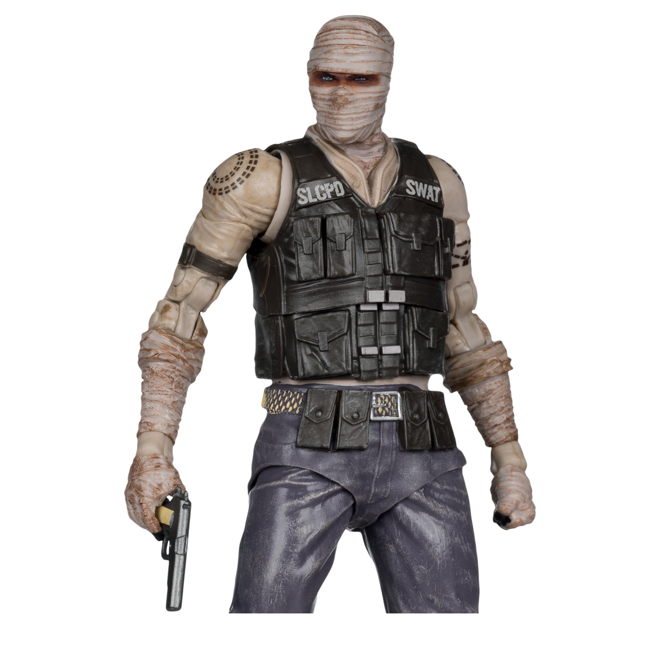 Joshua Graham Fallout New Vegas McFarlane Gaming Edition 7-Inch Figure — Upper Body Detail Close-Up Showing SWAT Vest and Bandaged Head