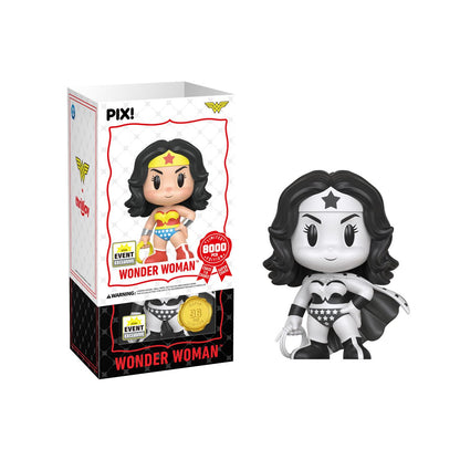 Wonder Woman DC Pix! Vinyl Figure 2026 Convention Exclusive — Black-and-white super-chase variant in white box with figure out of box, articulation pose