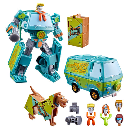 Mysterious Prime & Automutt Transformers Collaborative Set — Robot Mode, Mystery Machine Van Mode, Automutt Dog Mode and All Accessories Laid Out
