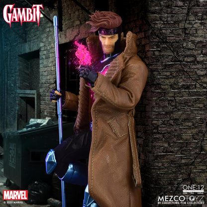 Gambit Mezco One:12 Collective 6.7-Inch Figure — Figure Detail with Charged Card Effect Against Brick Wall
