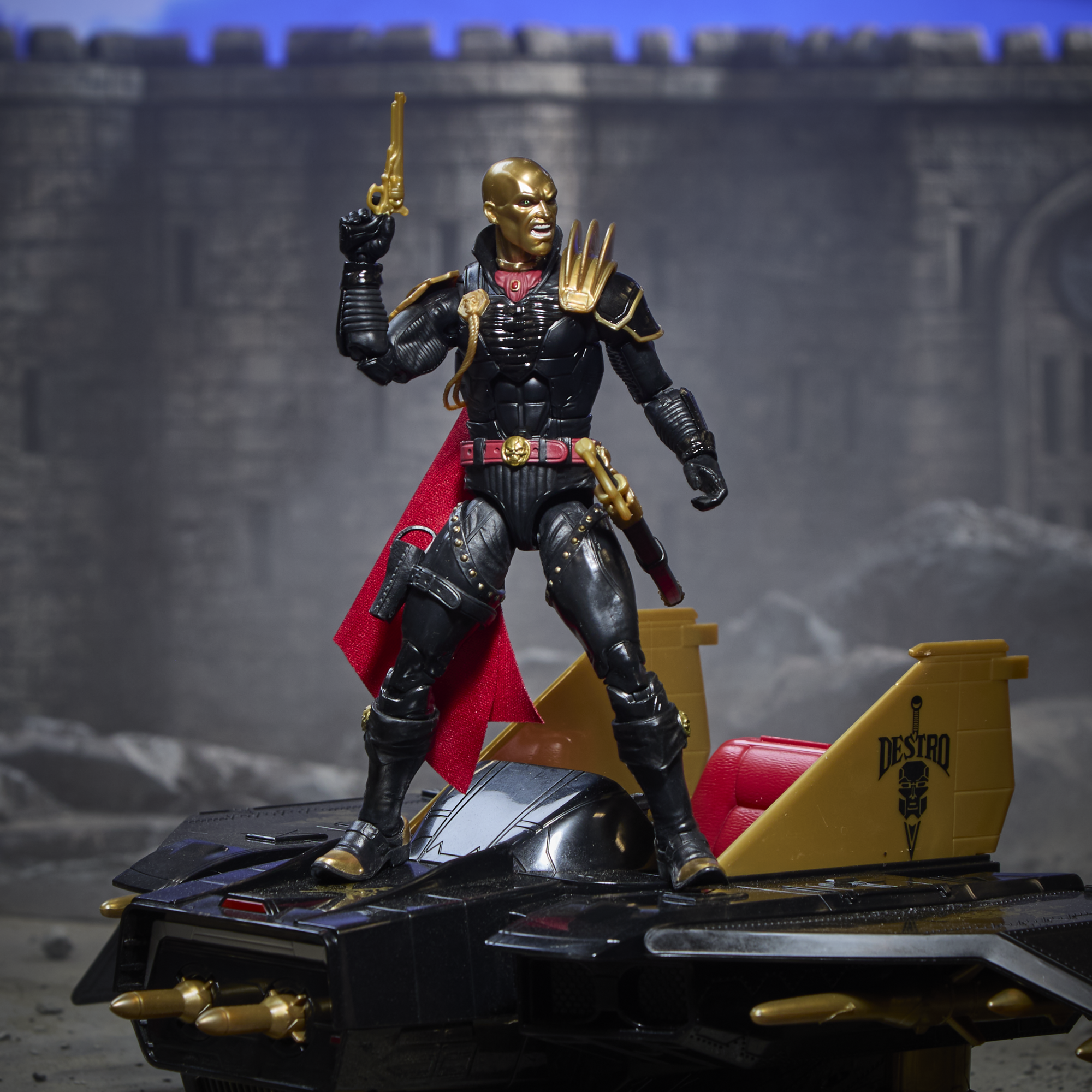 Destro G.I. Joe Classified Series 6-Inch — Articulation Pose Atop Despoiler Vehicle with Gold Pistol Raised