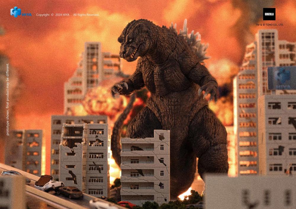 GMK Godzilla Exquisite Basic 7-Inch Figure — Side View Looming Over Crumbling Buildings In Fire Diorama
