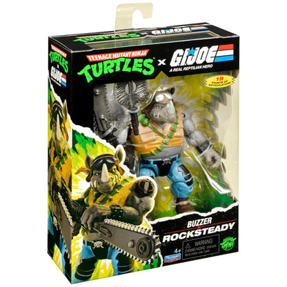 Rocksteady as Buzzer TMNT x GI Joe Figure — Package Side View Box Art Close-Up