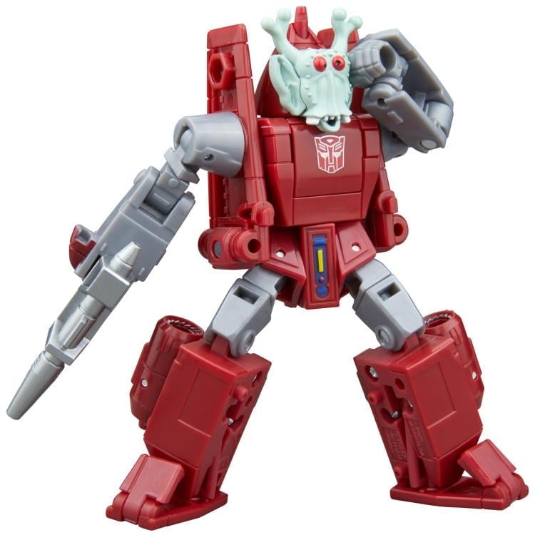 Autobot Powerglide Age of the Primes Deluxe 4.5-Inch Figure — Alien Mask Worn Blaster Three-Quarter View