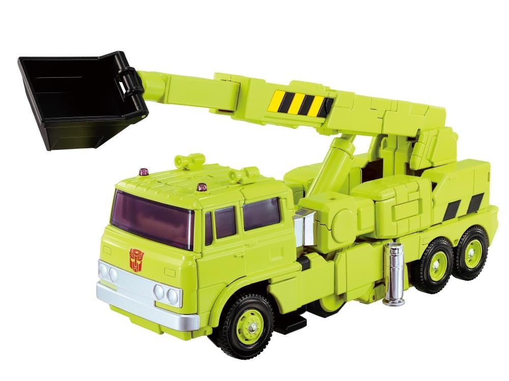 Road Hauler Masterpiece G MPG-18 Figure — Crane Truck Mode Bucket Attachment Front Three-Quarter View