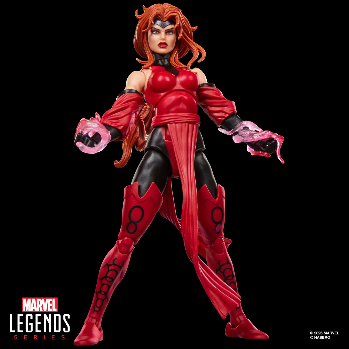 Scarlet Witch Marvel Legends 6-Inch Figure — Front View with Hex Magic Effects on Both Hands