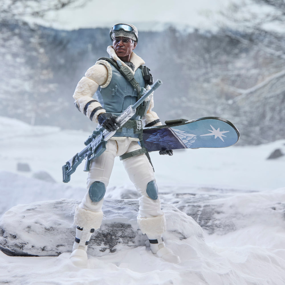 Iceberg GI Joe Classified Series 6-Inch Figure — Front View with Rifle and Snowboard in Snow Setting