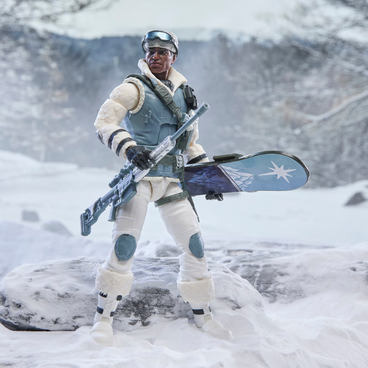 Iceberg GI Joe Classified Series 6-Inch Figure — Front View with Rifle and Snowboard in Snow Setting