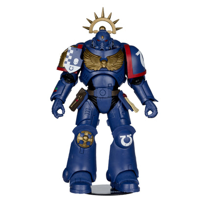 Ultramarines 3rd Company Lieutenant Warhammer 40K 7-Inch Figure — Front View Helmeted Head on Figure Base