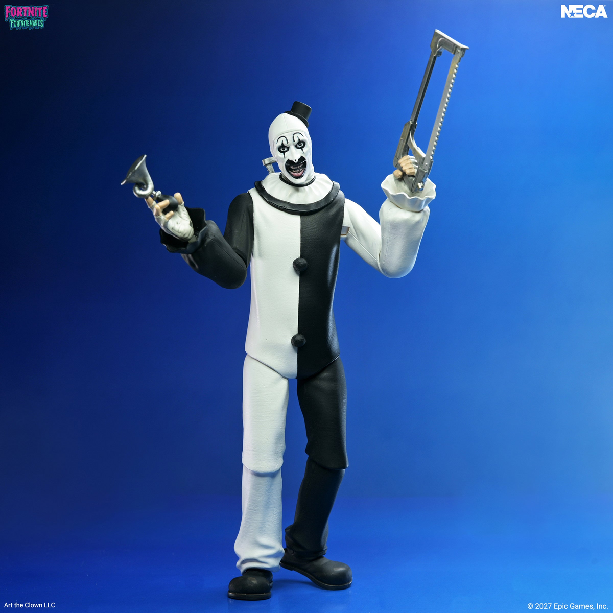 Art the Clown Fortnite Fortnitemares 7-Inch Figure — Front View Holding Hacksaw and Clown Horn