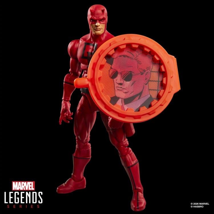 Daredevil Secret Wars Marvel Legends 6-Inch Figure — Front View Holding Lenticular Shield Matt Murdock Side