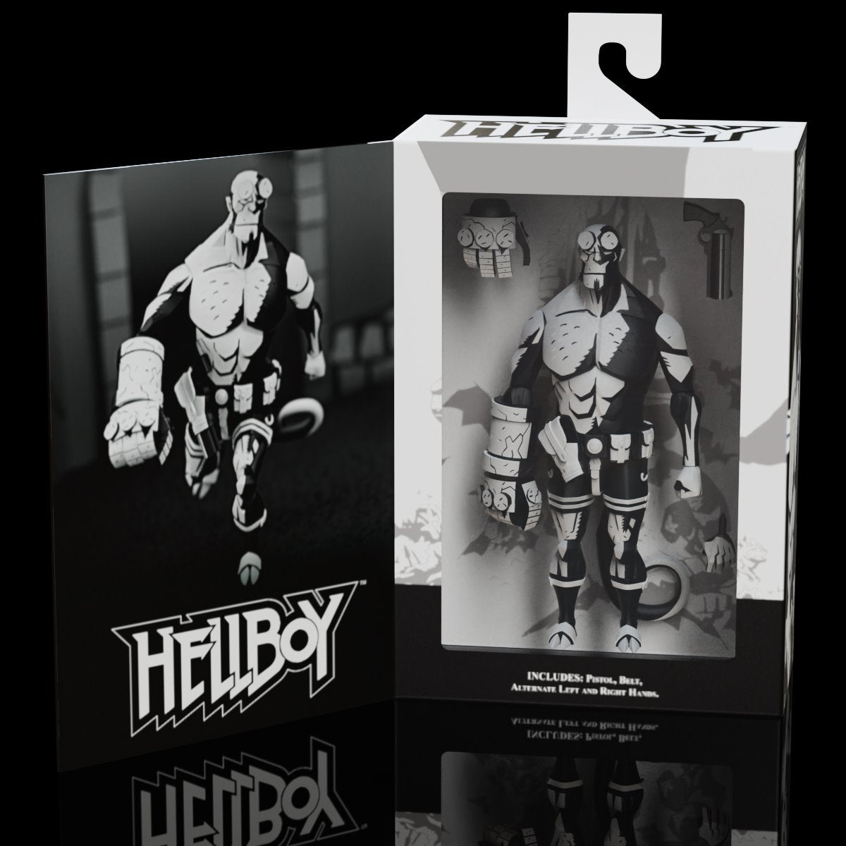 Hellboy Black and White 1:12 Scale Figure — Package Detail Showing Box Front and Back with Figure Inside
