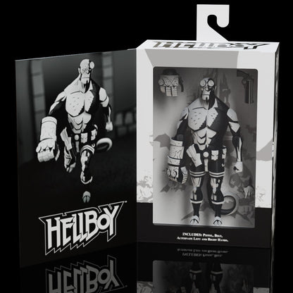 Hellboy Black and White 1:12 Scale Figure — Package Detail Showing Box Front and Back with Figure Inside