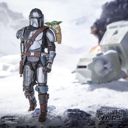Mandalorian with Grogu Black Series 6-Inch Deluxe — Walking Pose in Fantasy Battle Scene