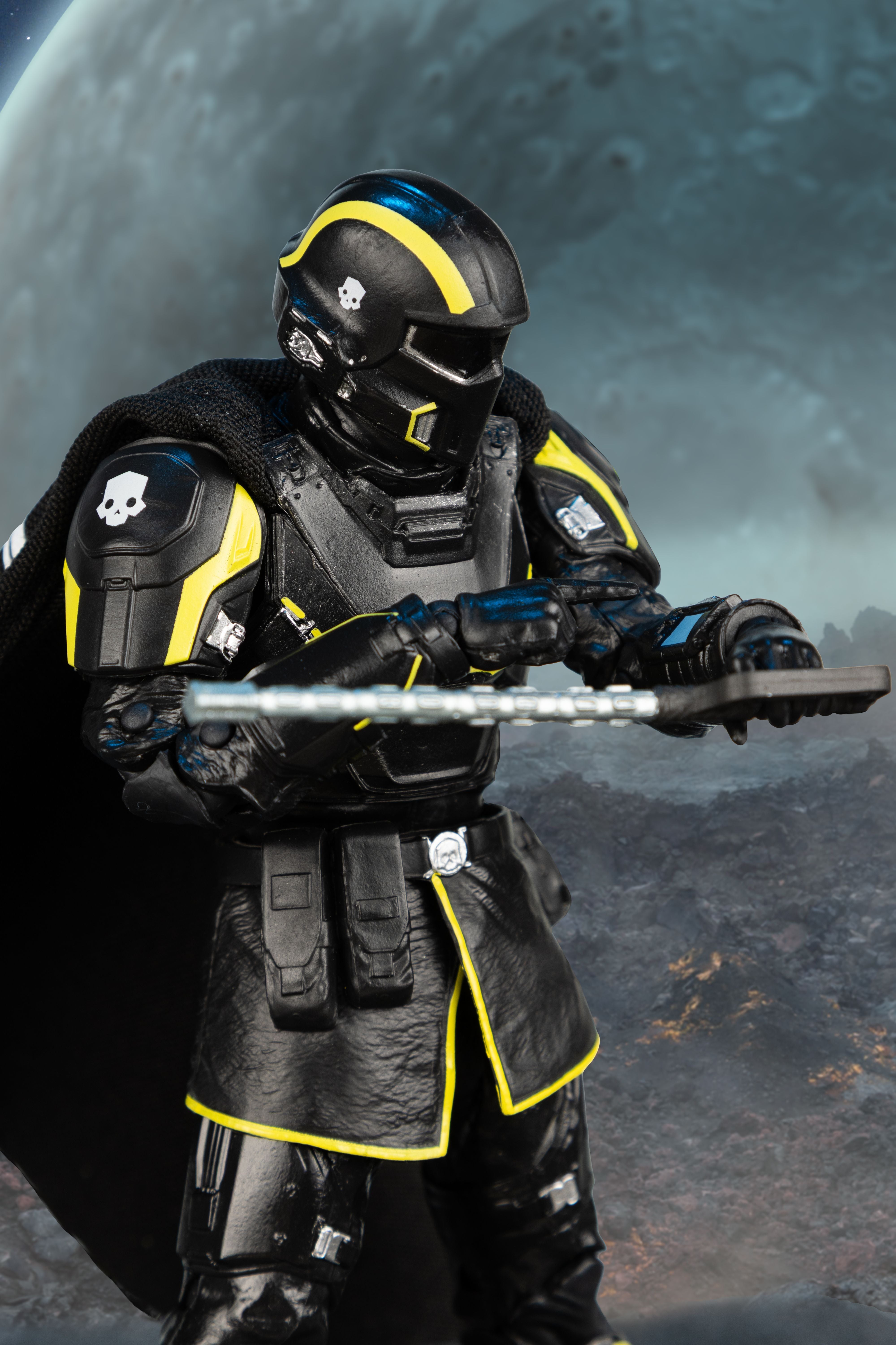 B-01 Tactical Helldiver Helldivers 2 McFarlane Elite Edition 7 Inch — Figure Detail with Stratagem Tablet Against Planetary Background