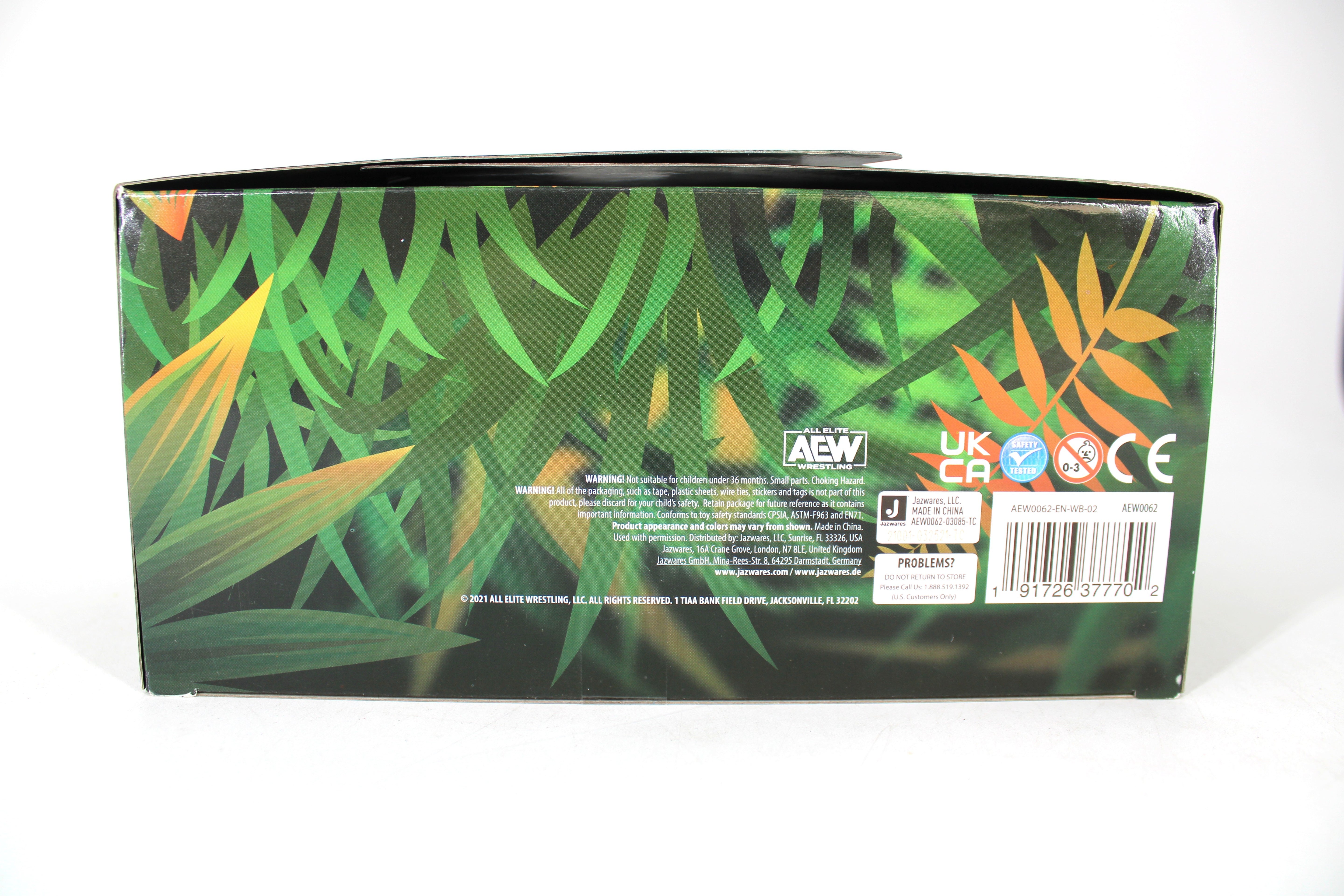 Jungle Boy & Luchasaurus Jurassic Express AEW Unrivaled Collection 2-Pack — Package Detail Showing Back Panel with Barcode and Safety Information
