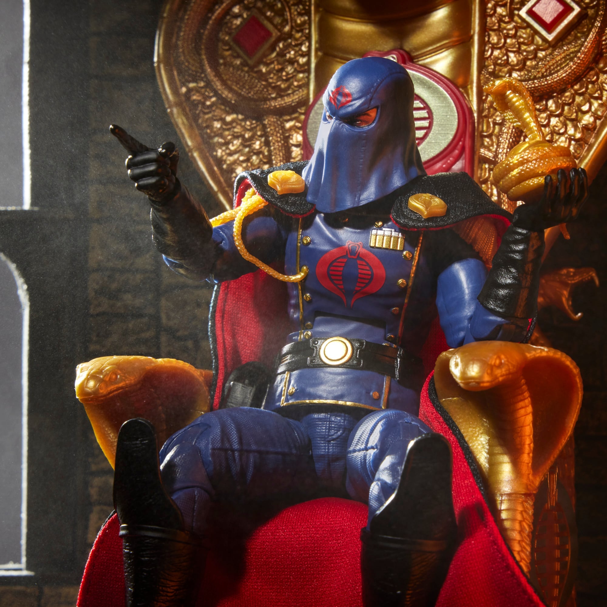 Cobra Commander Classified Series 6-Inch Figure — Figure Detail Close-Up Seated Pointing with Cobra Armrests
