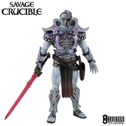 Naraka the Undying Savage Crucible 6-Inch Figure — Front View with Metal Demi Mask Half-Applied and Red Crystal Sword