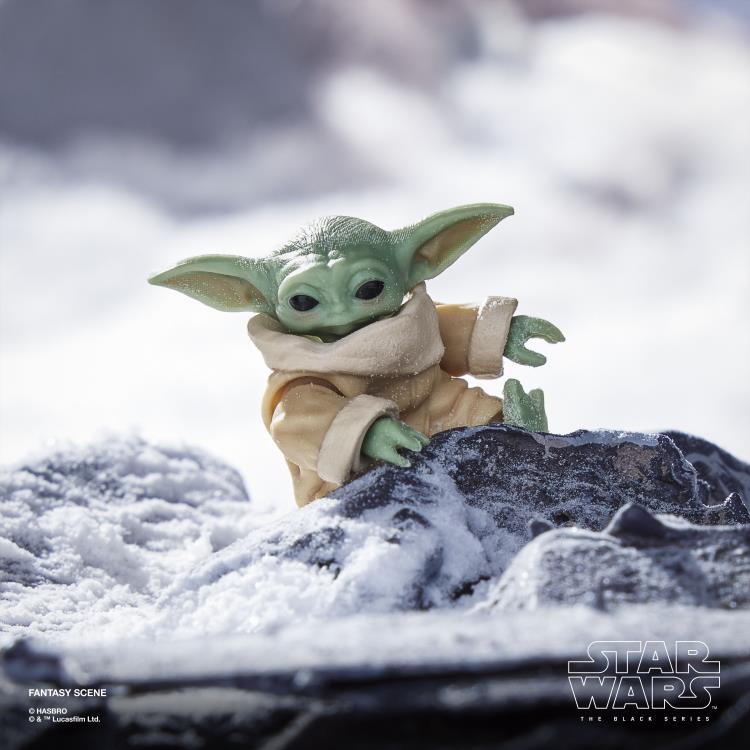 Grogu Black Series Deluxe — Close-Up Figure Detail on Snowy Rock