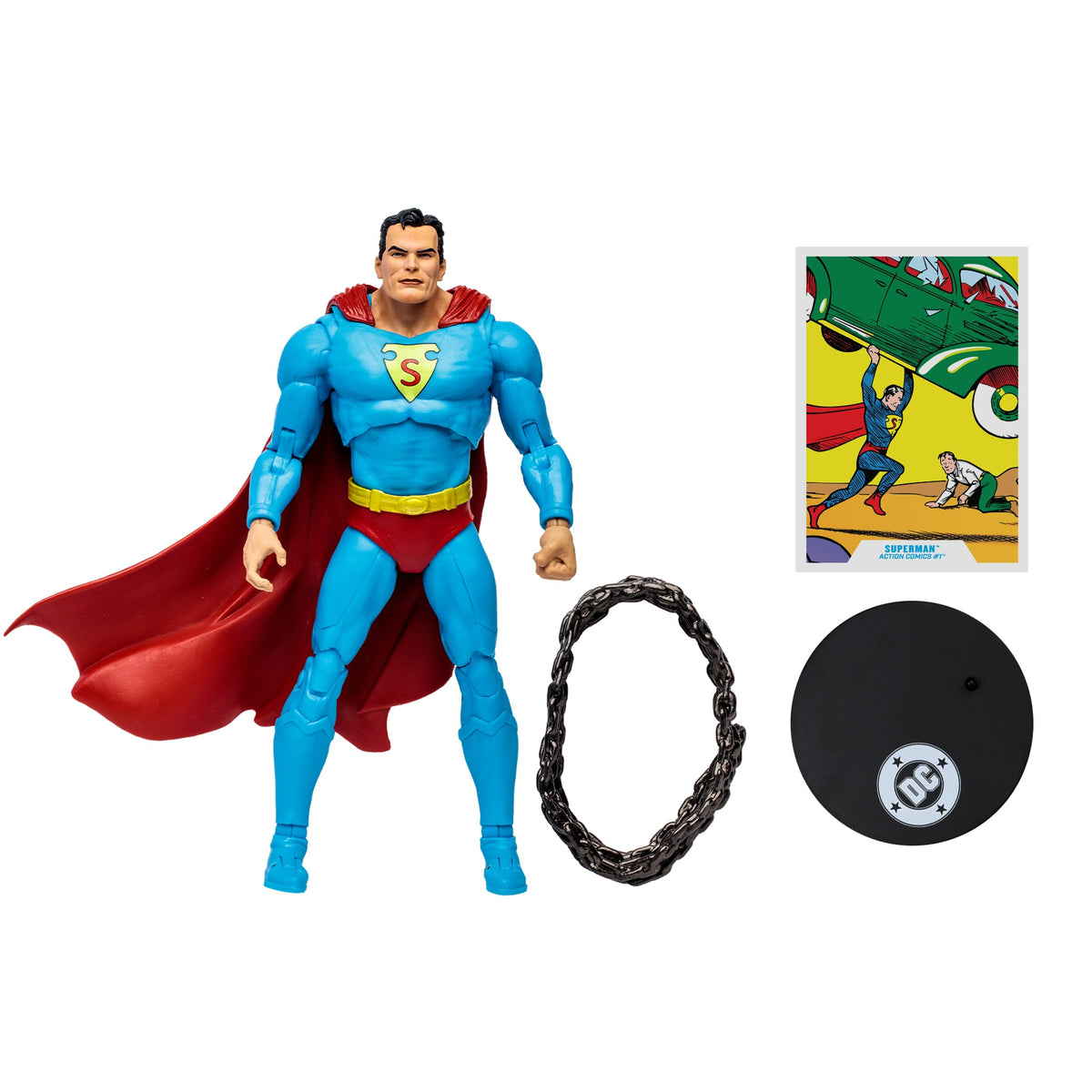 Superman Action Comics DC Multiverse 7-Inch Figure — Contents Display with Chain Art Card and Base