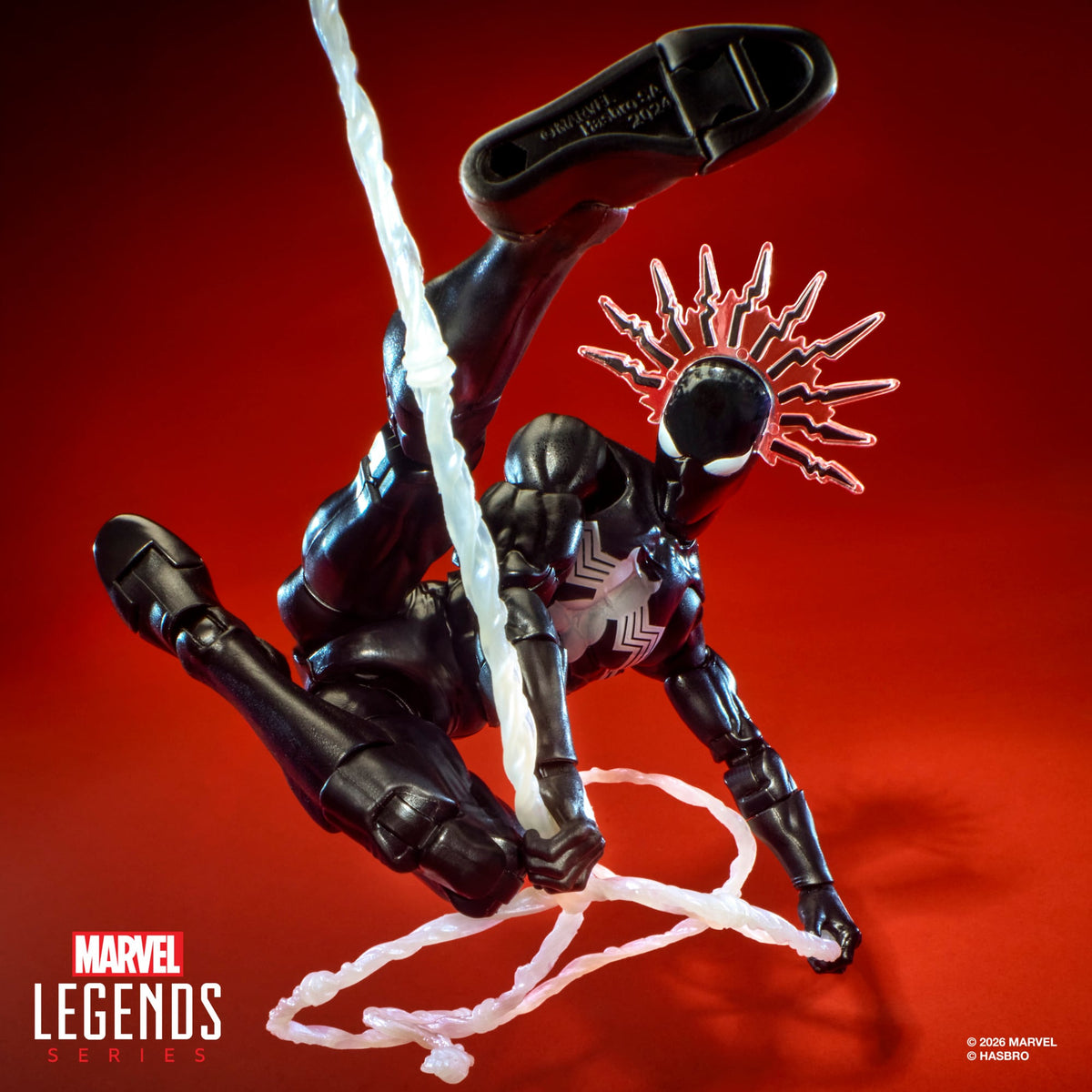 Symbiote Spider-Man Marvel Legends Maximum 6-Inch Figure — Articulation Pose Swinging on Web Line with Spidey-Sense Head